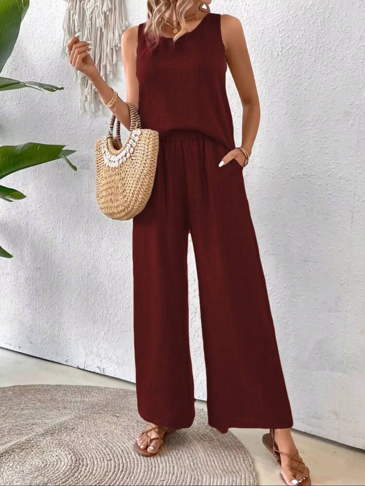 Women's solid color back hollow lace set