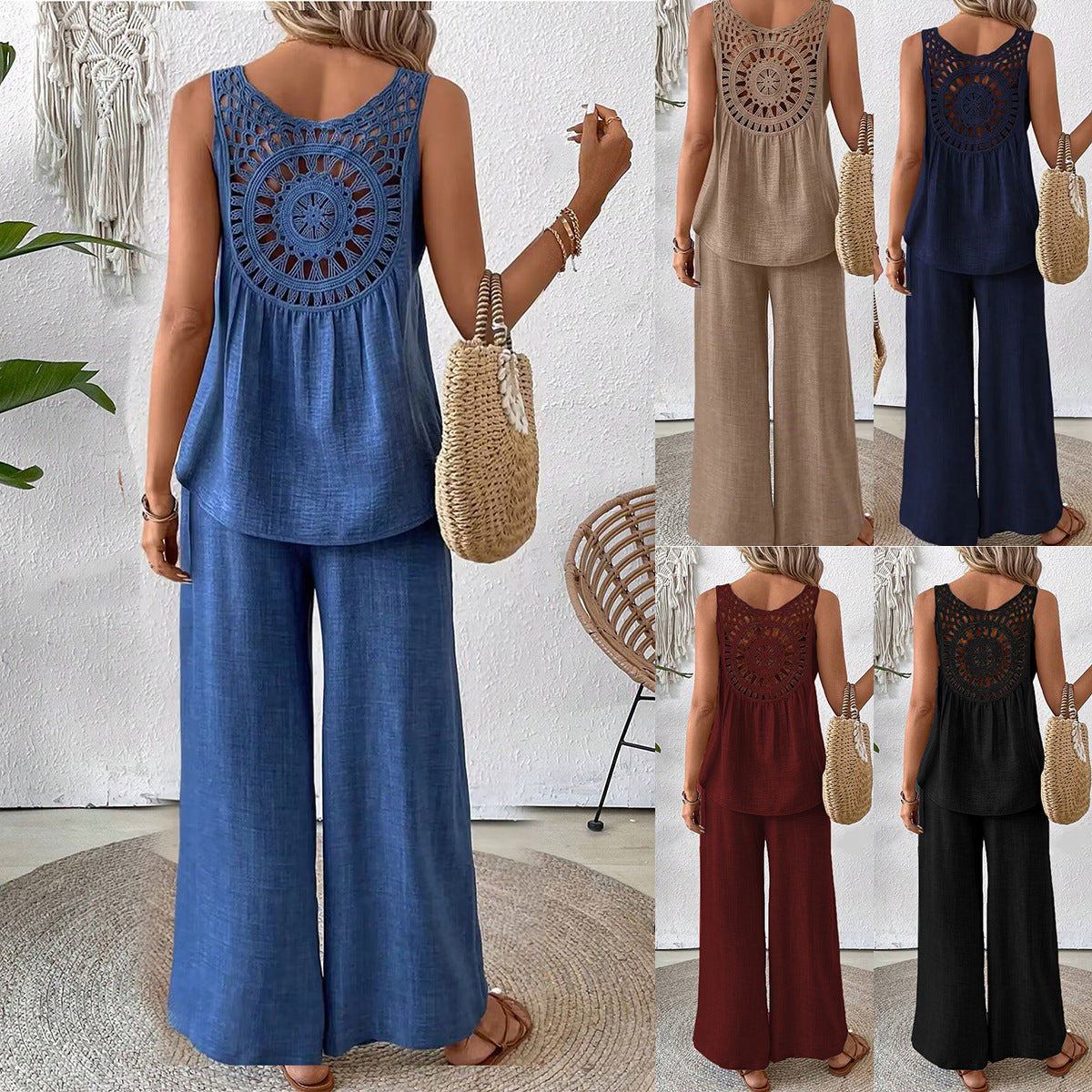 Women's solid color back hollow lace set