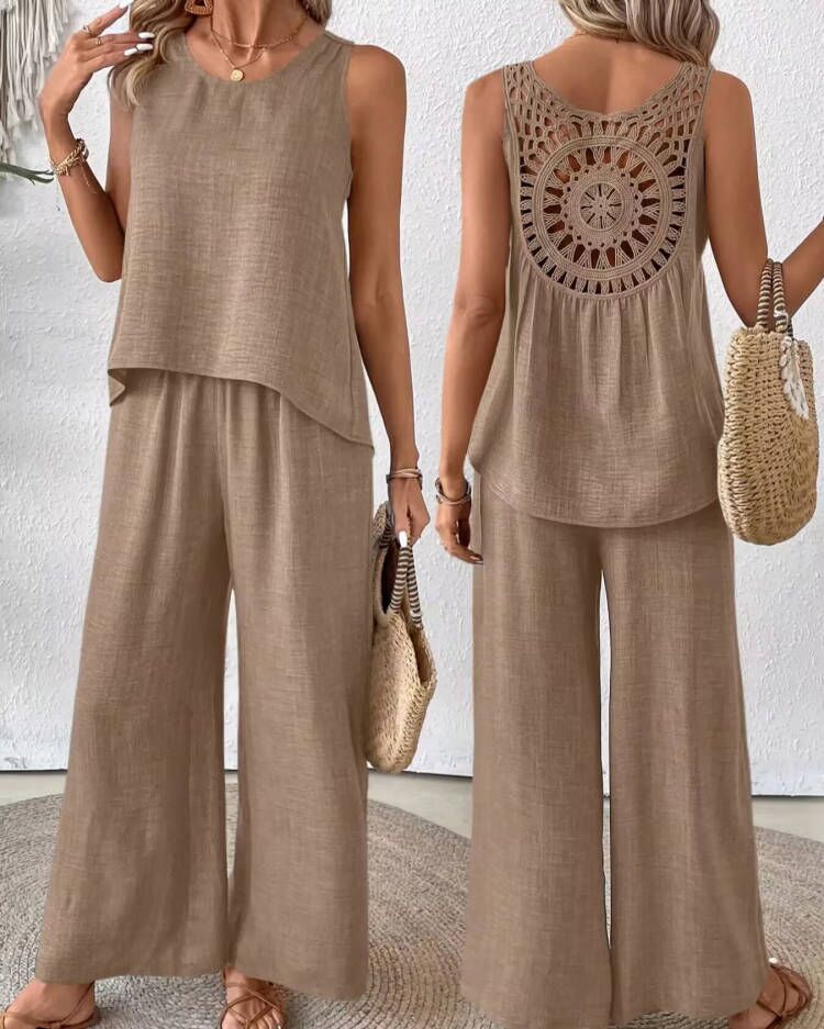 Women's solid color back hollow lace set