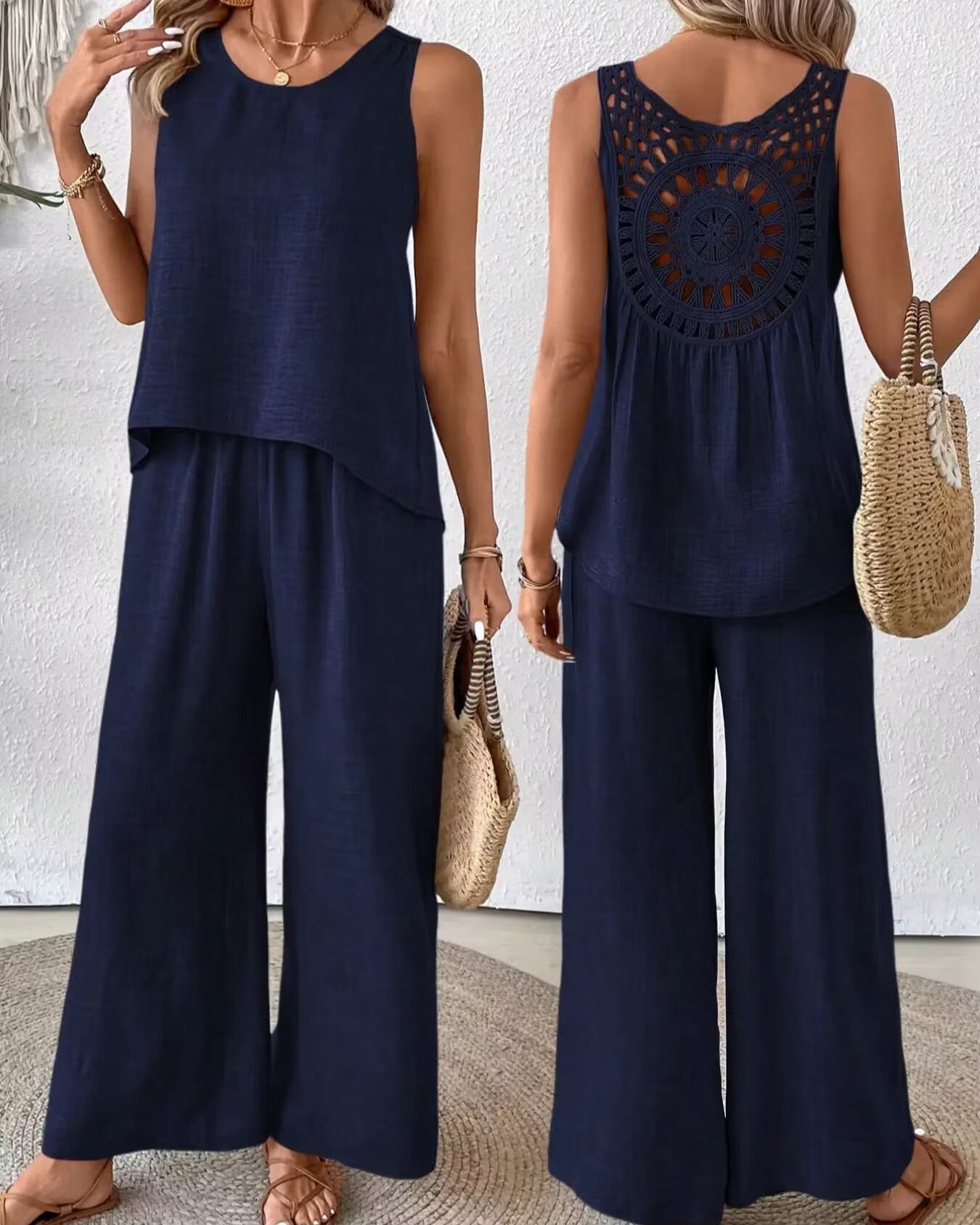 Women's solid color back hollow lace set