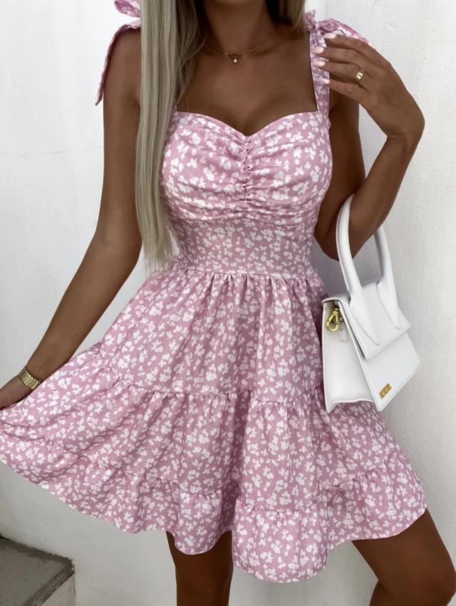 Women's new printed camisole waist cinching 100 fold dress